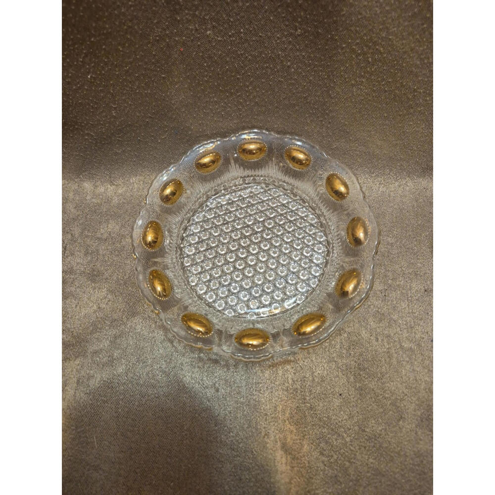 Vintage EAPG Manhattan Glass Gold Dot Coin Inlay Trinket Dish
